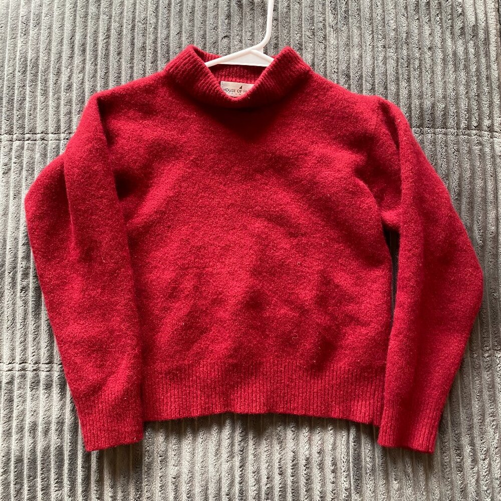 House of Fraser Red Wool Sweater Size s/M Ribbed Mock Neck Classic Fit